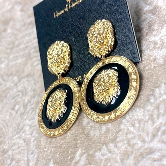 Brand New House of Harlow 1960 Lion Head Gold Tone Black Statement Drop Earring - Picture 10 of 14